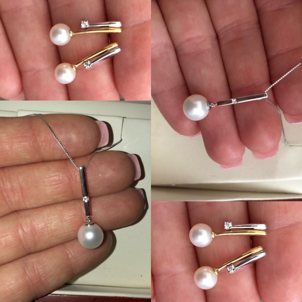 Matching Pearl and Diamond Earrings and Necklace